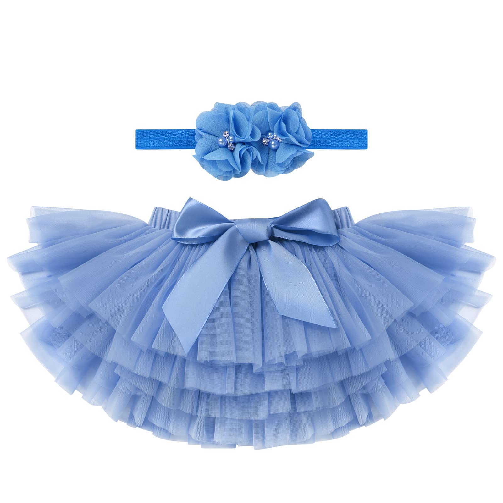 Photo 1 of Baby Girls Soft Fluffy Tutu Skirt Set with Diaper Cover, Toddler Tutu Skirt with Flower Headband, 1st Birthday Outfit, Cake Smash Outfit, Dusty Blue Tutus 6-12 Months