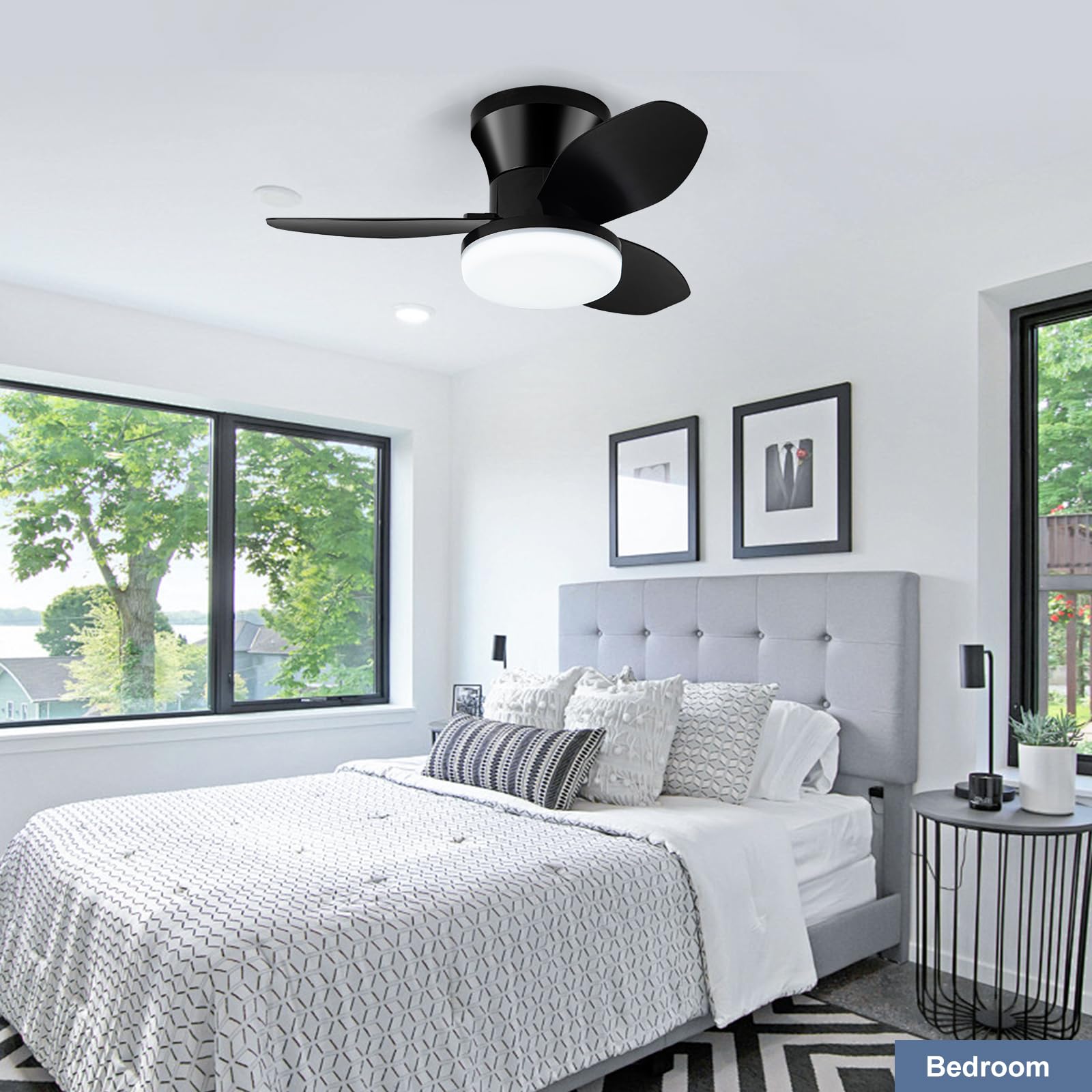 ZOEYON Small Ceiling Fan with Light - 26 Inch Flush Mount Ceiling Fan with Lights and Remote, Low Profile Ceiling Fans with 3 Reversible Blades, 6 Wind Speeds, Black Ceiling Fans for Bedroom