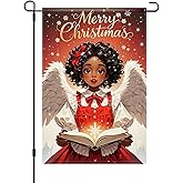 HOMETITUTE African American Angel Merry Christmas Garden Flag 12x18 Inch Double Sided Girl with Wings Red Dress Book Holiday Outdoor Winter Yard Banner Inspirational Christmas Welcome Flag