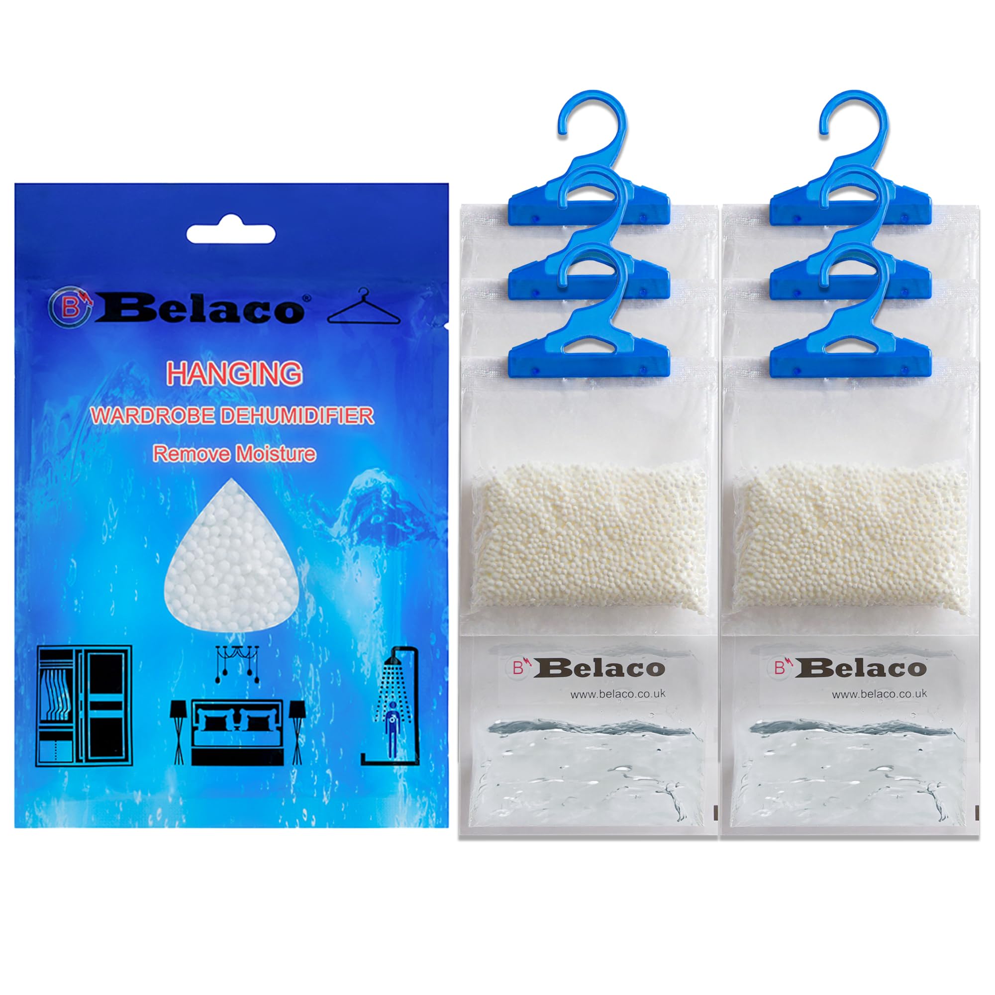 Belaco Set of 6 Hanging Dehumidifier, 230g Moisture Absorber, Dehumidifier for home, Ideal to eliminate damp & Condensation Bedroom, Wardrobe, Kitchen, Basement, Office etc (6)