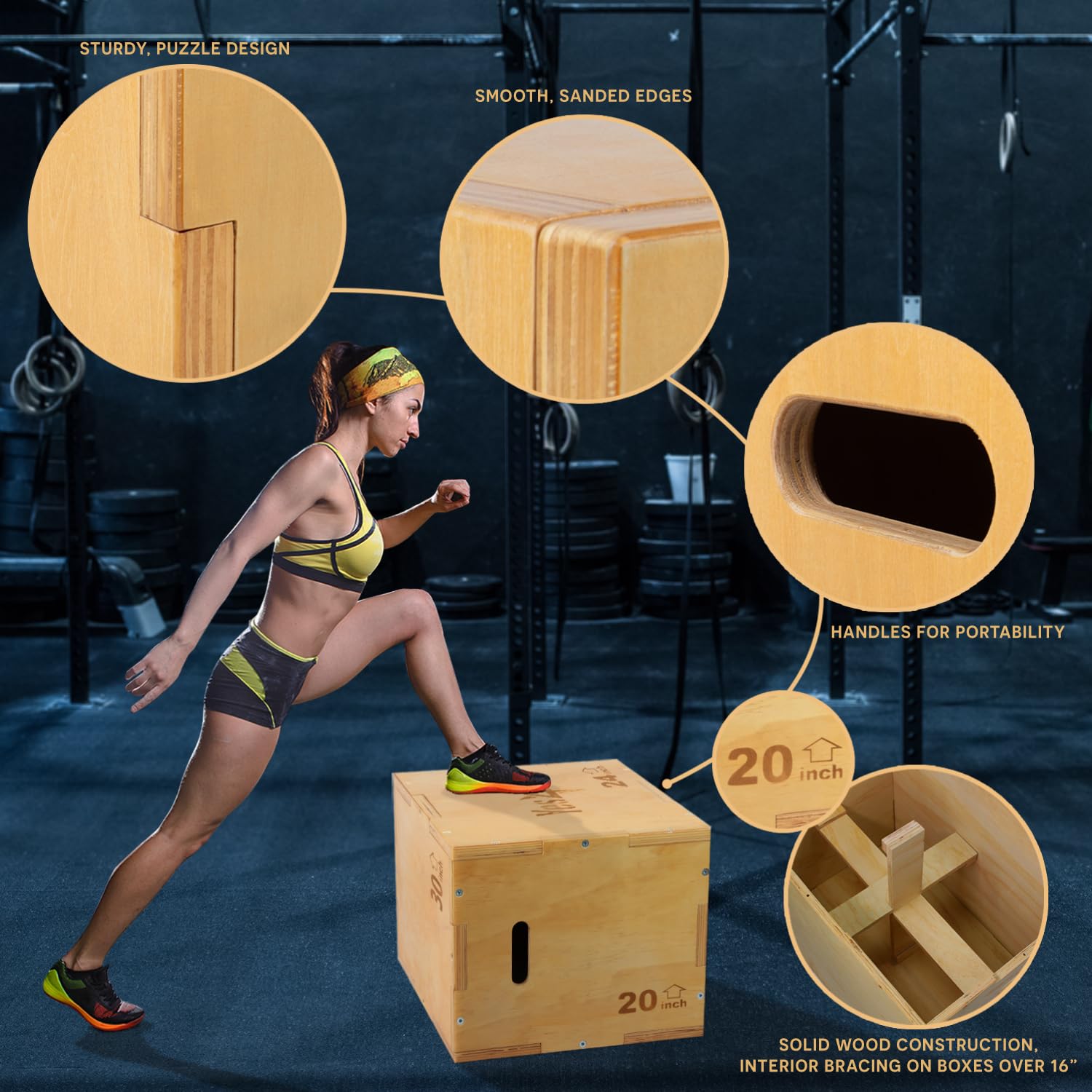 Yes4All Plyo Box, 3-in-1 Wooden Box Jumps for Home Gym (12/14/16 in), 450 lbs Boxes Step Up with Smooth Edges & Wide Built-in Handles for Jumping, Strength Training, Lunges, Squats, Dips