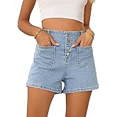 Sidefeel Women's High Waisted Jean Shorts Button Fly Tummy Control Summer Denim Shorts Iceland Blue Size 14