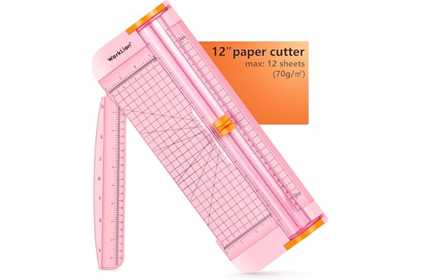 WORKLION Straight Paper Cutter for Crafting – Pink 12 Inch Paper Trimmer with Security Safeguard and Side Ruler, Perfect for