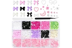 LoveOurHome 3D Star Moon Heart Bow Charms Nail Decorations Kit - Bow-Knot Floral Nail Studs Rhinestone Pink White Pearl Beads Acrylic Nail Design Jewelry Supplies with Tweezer