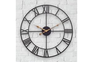 MOFINE Extra Large Outdoor Clock, Vintage Antique European Industrial Decorative Metal Roman Outdoor Clock, Silent Battery Operated Skeleton Iron Wall Clock for Garden/Patio/Pool/Fence-30 Inch, Golden Hand