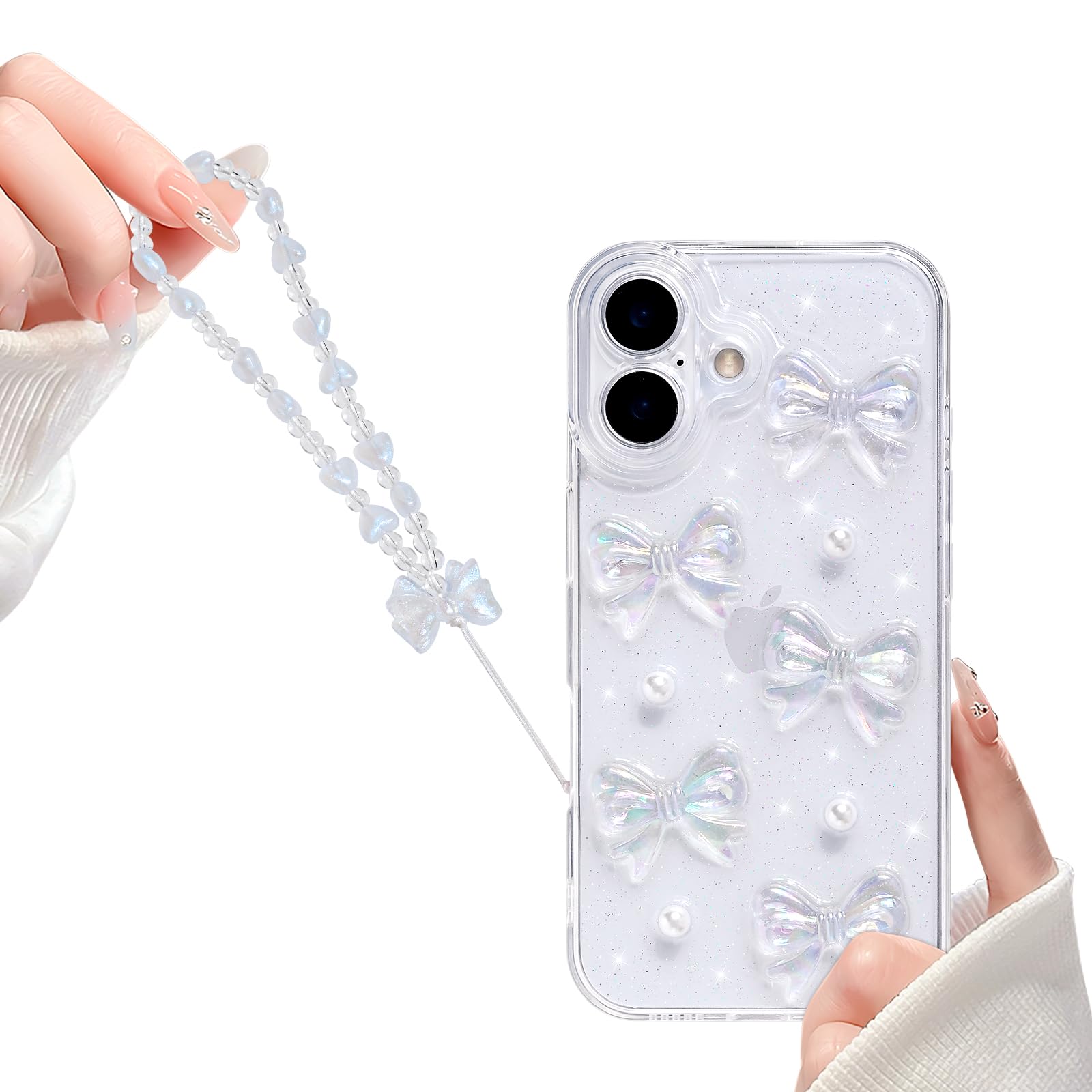 Reownest Clear for iPhone 16 Case, Cute Bling 3D Bowknots Pearl Aesthetic Pattern, Glitter Sparkle Back Lens Protective Phone Cover for Women Girls +Chain