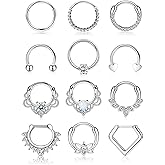 YADOCA 12pcs 16G Septum Rings for Women Men Hypoallergenic Surgical Steel Nose Piercings Jewelry Clicker Hinged Tragus Hoop Earrings CZ Love Nose Ring 8-10mm
