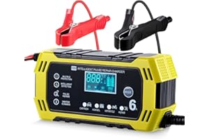 Cargador de Bateria de Auto 12V 6A,Adecuado para coches, motos y SUV ,con LCD Pantalla Pantalla,Múltiples Protecciones, Regulación de corriente inteligente para cargar y proteger la batería (Amarillo)
