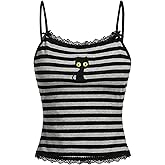 SOLY HUX Women's Y2k Lace Striped Cami Crop Tops Spaghetti Strap Cat Embroidery Camisole