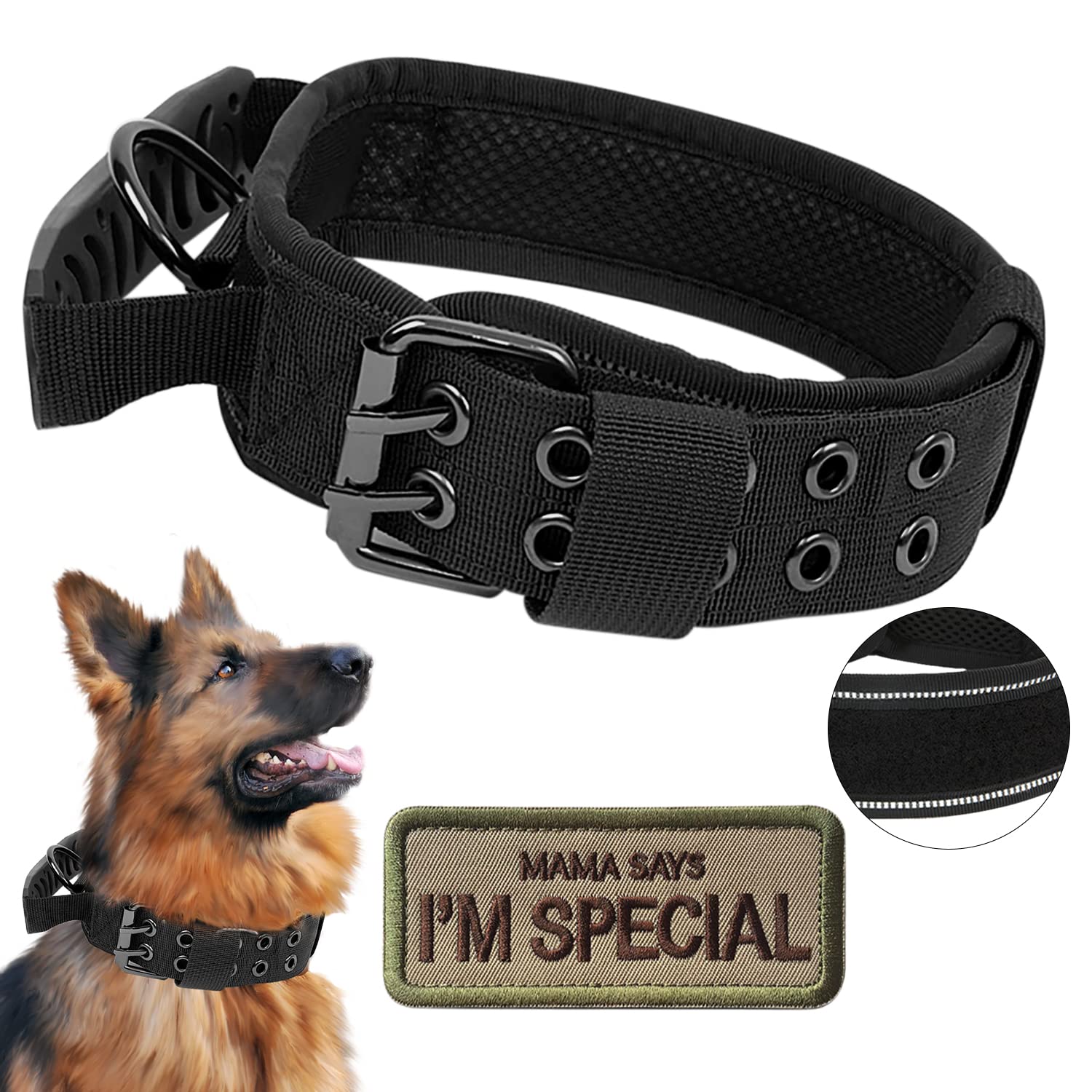 Upgrade Tactical Dog Collar - Military Nylon Adjustable Training Collar Reflective Dog Collar with Handle and Heavy Duty Metal Buckle for Medium Large Dogs (Black, XL)