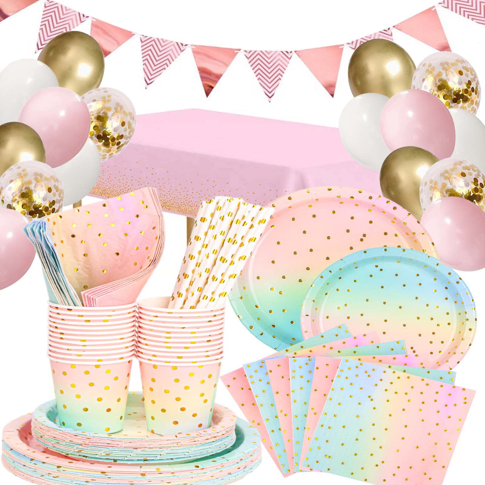 DUGEHO 104 Pcs Party Tableware Set - Balloon Paper Plates, Cups, Napkins, Straws & Tablecloth for Baby Shower, Wedding or Kids Birthday (16 Guests)