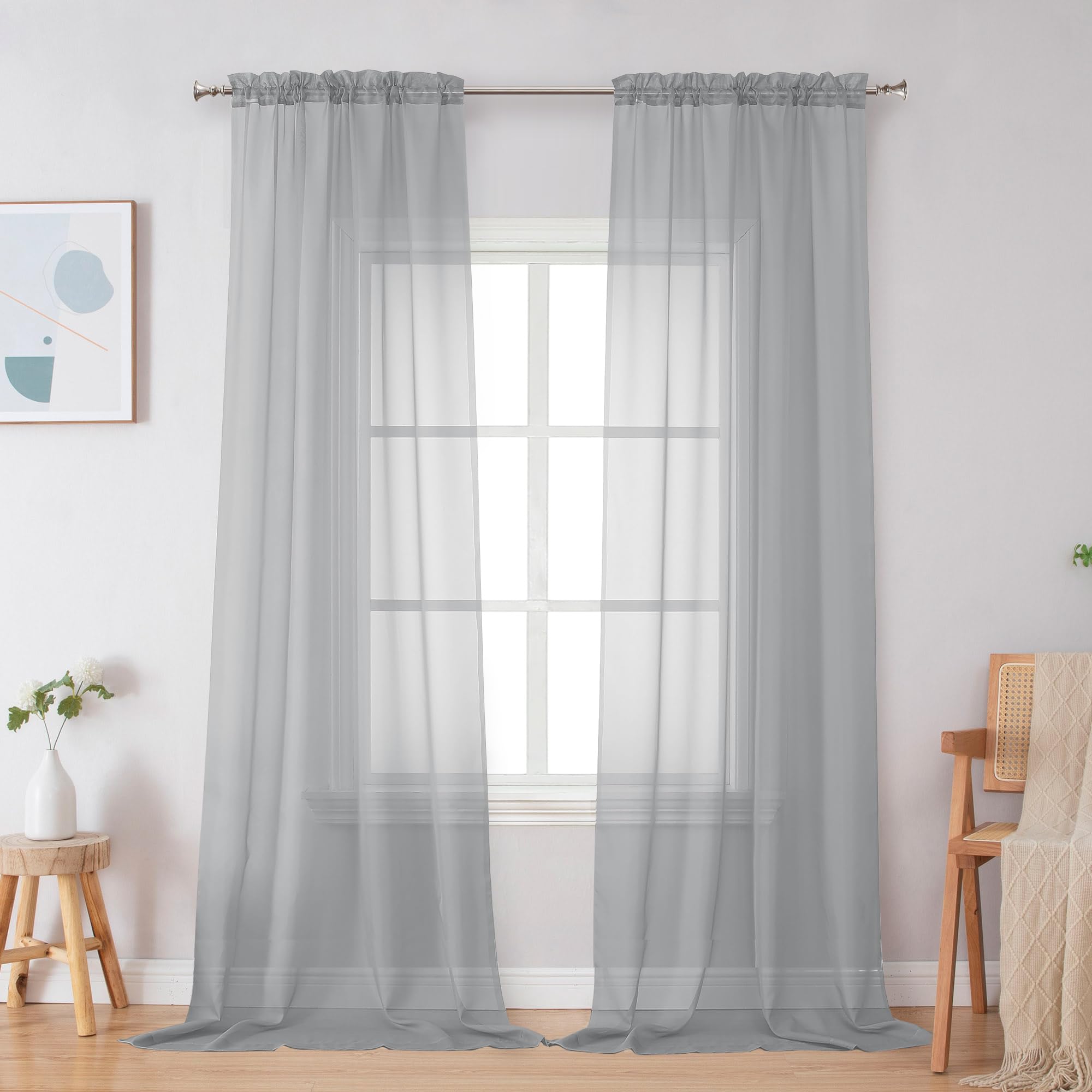 Photo 1 of Simplebrand Light Grey Sheer Curtains 96 Inches Long, Light Filtering Silver Grey Rod Pocket Solid Color Window Sheer Curtain Panels, Elegant Curtains & Drapes for Living Room, Bedroom 2 Panels, 42" W