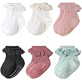 Looching 6 Pack Baby Toddler Girls Anti Slip Socks Ruffle Frilly Non Skid with Grips Cute Ankle Lace Socks for Infant Kids