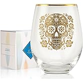 Onebttl Sugar Skull Gifts, Day of the Dead Gifts, 17 oz Stemless Wine Glass with Foil Stamping Pattern