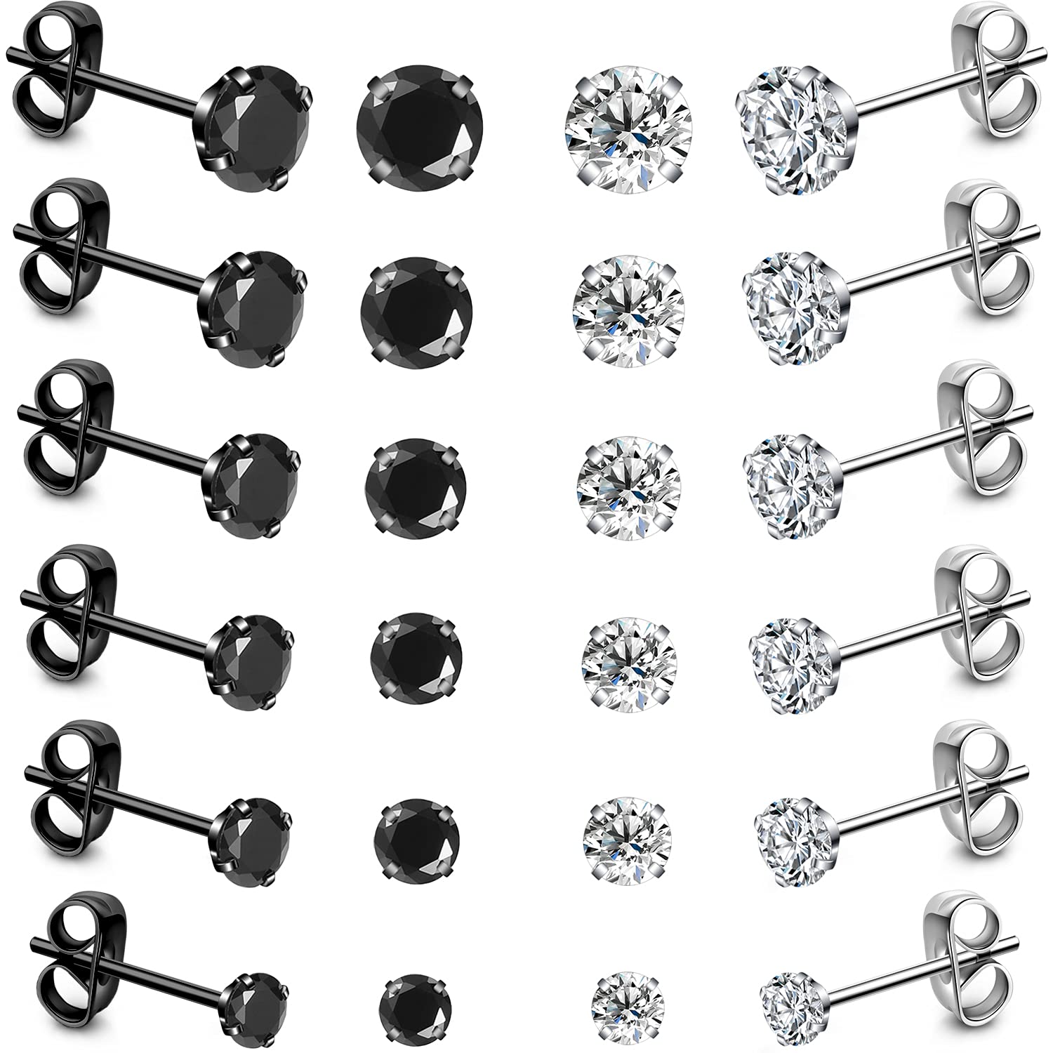 12 Pairs Black Silver Earrings for Women Men Stainless Steel Cubic Zirconia Diamond Stud Earrings, Cartilage Sleeper Mens Hypoallergenic Earrings Women, 3-8mm Ladies Earrings