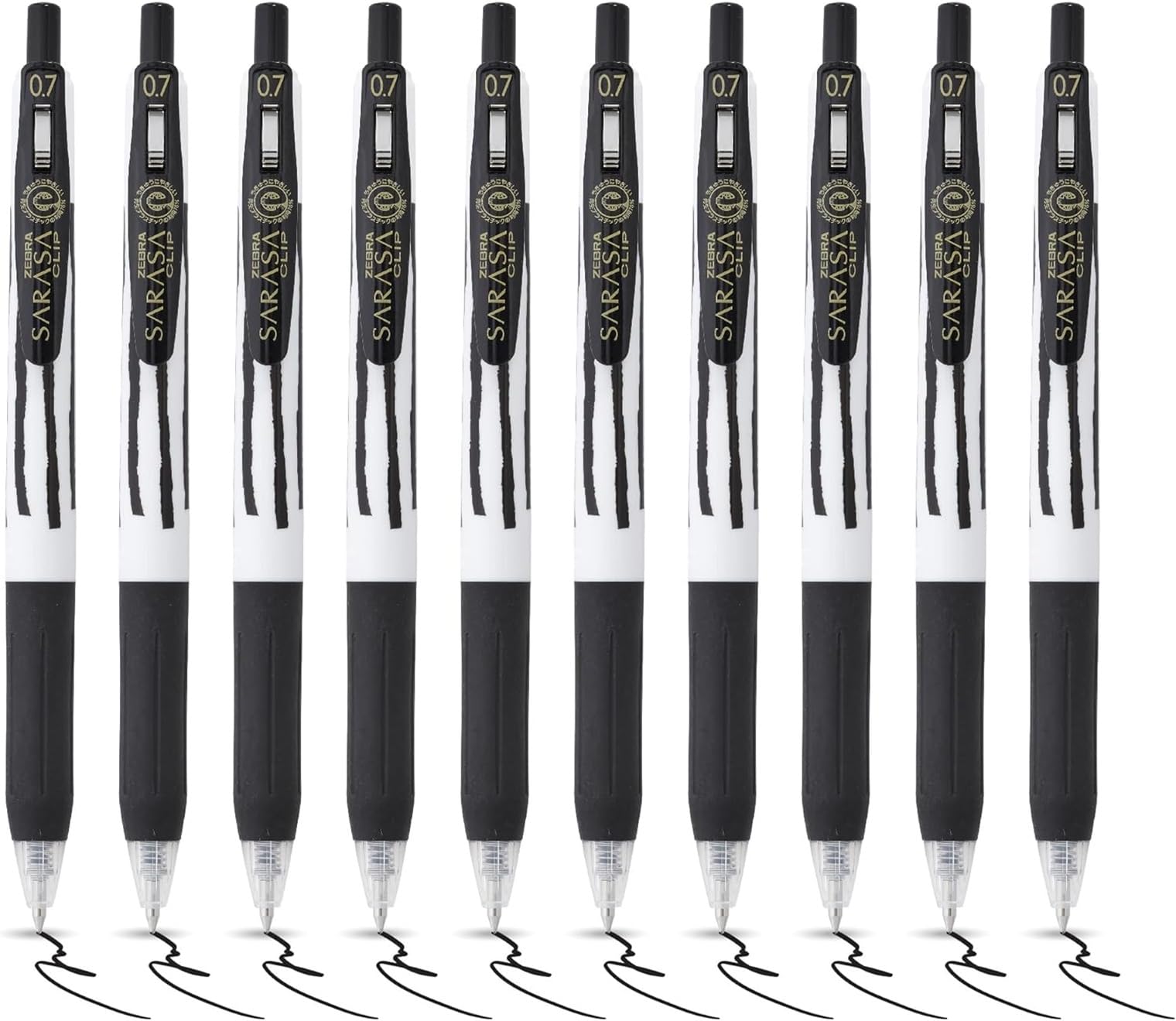 Zebra SARASA CLIP Stripes Gel Pen 10pk - Retractable With Medium 0.7mm Nib, Smudge Proof, Rapid Dry Ink, Comfort Grip and Push Clip - Water Resistant Multipack