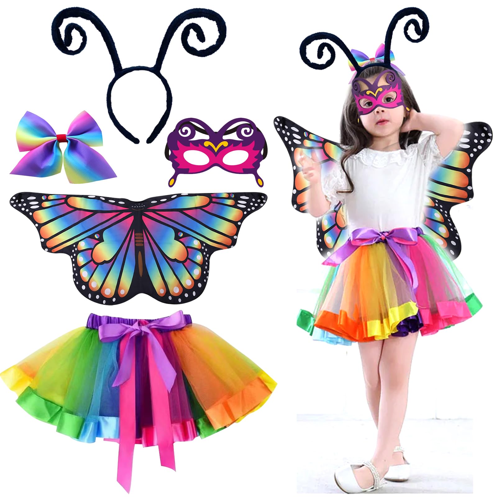 DKDDSSS 5 Pieces Kids Butterfly Wings Costume, Halloween Party Dress up, Fairy Butterfly Wings, Fantasy Dress for 3-8 Years Girls