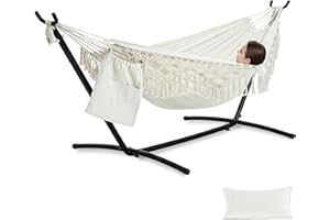 PNAEUT Handmade Tassel Hammocks, Double Hammock with Stand for Outside, Max 450 lbs Capacity, Pillow & Storage Bag Included (Beige)