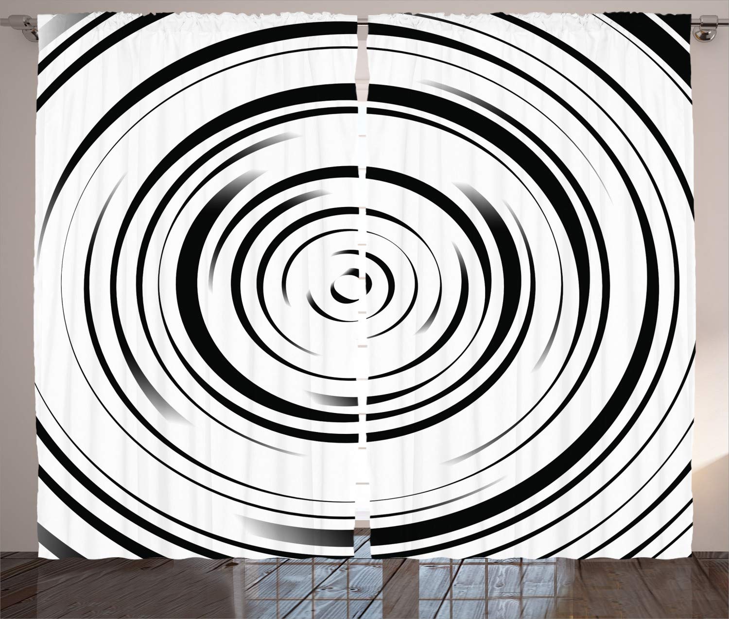 ABAKUHAUS Spires Curtains, Hypnotic Radial Concentric Interlace Circles with Lines Print, Living Room Bedroom Window Drapes 2 Panel Set, 69 L X 110 W, Black White