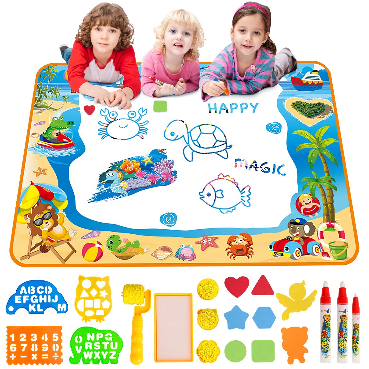 Water Doodle Mat Aqua Drawing Painting Mat Large 100 x 70cm Mess Free Learning Toys for 2 3 4 5 6 Year Old Boys Girls Toddlers Birthday Gift with 3 Magic Pens, Stamp Set