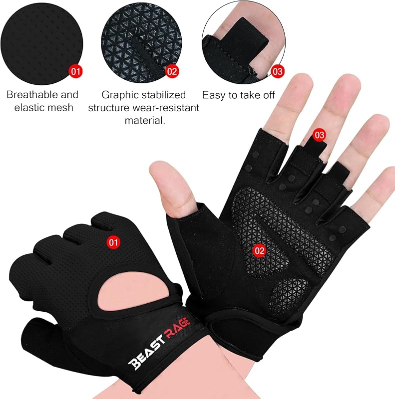 Fitness-Handschuhe, atmungsaktiv, für Männer und Frauen, Gewichtheben, Bodybuilding, Fitnessstudio, Training, rutschfest, Crossfit, Krafttraining, Radfahren (SCHWARZ, M)