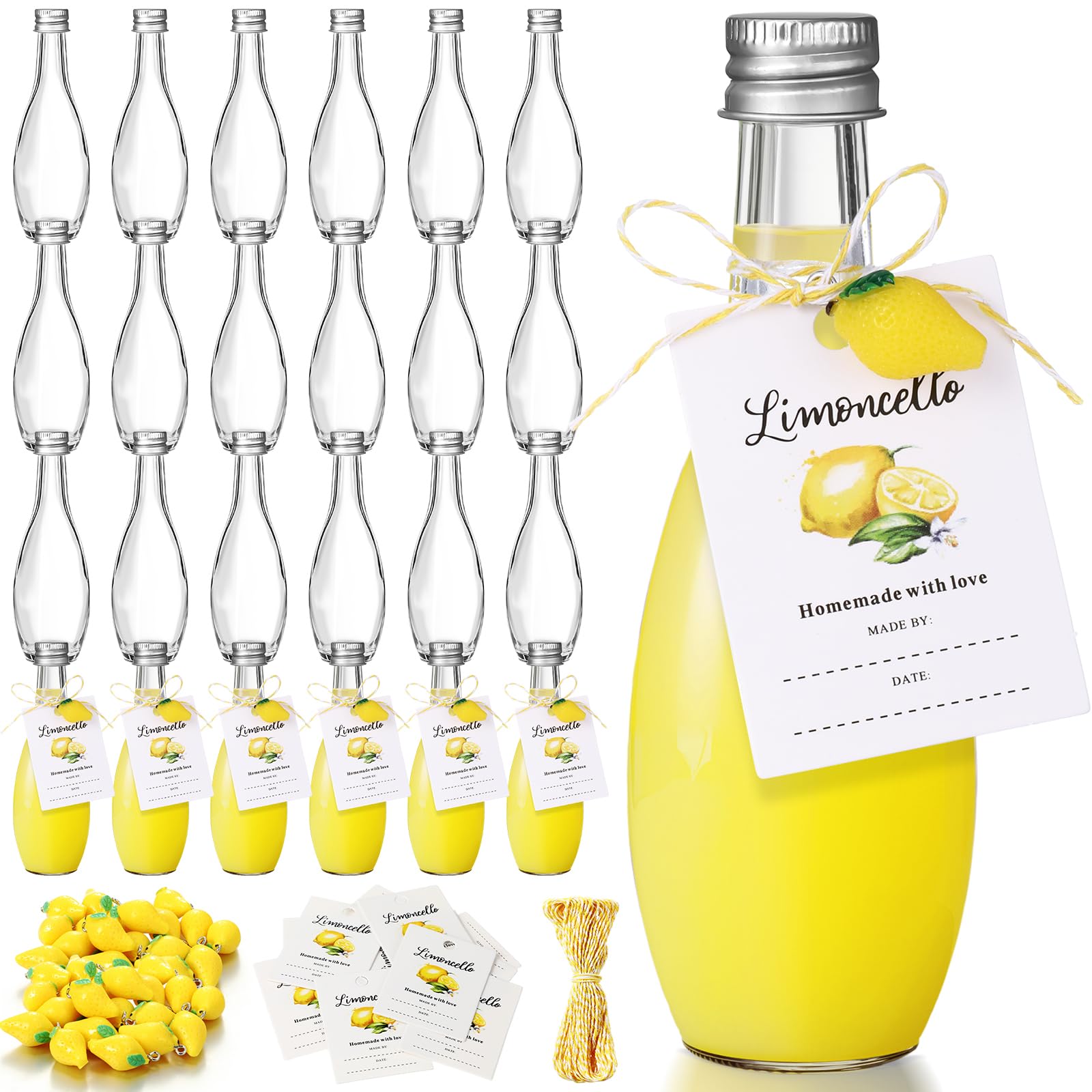 Photo 1 of LemonRoad 24 Sets 1.7 oz Limoncello Glass Bottles, Empty Small Clear Liquor Bottles with Tags, Mini Resin Lemon Charms, Rope for Homemade Limoncello Brewing Beverages Gifts (Silver,Retro Style)