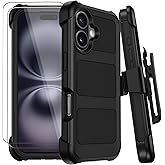 Wedall for iPhone 16 Plus Case with Belt Clip Holster,Anti-Drop Shockproof Bumper Phone Cases with 2X Screen Protectors & Kickstand,Rugged Heavy Duty Military Grade Protective Defender Cover (Black)