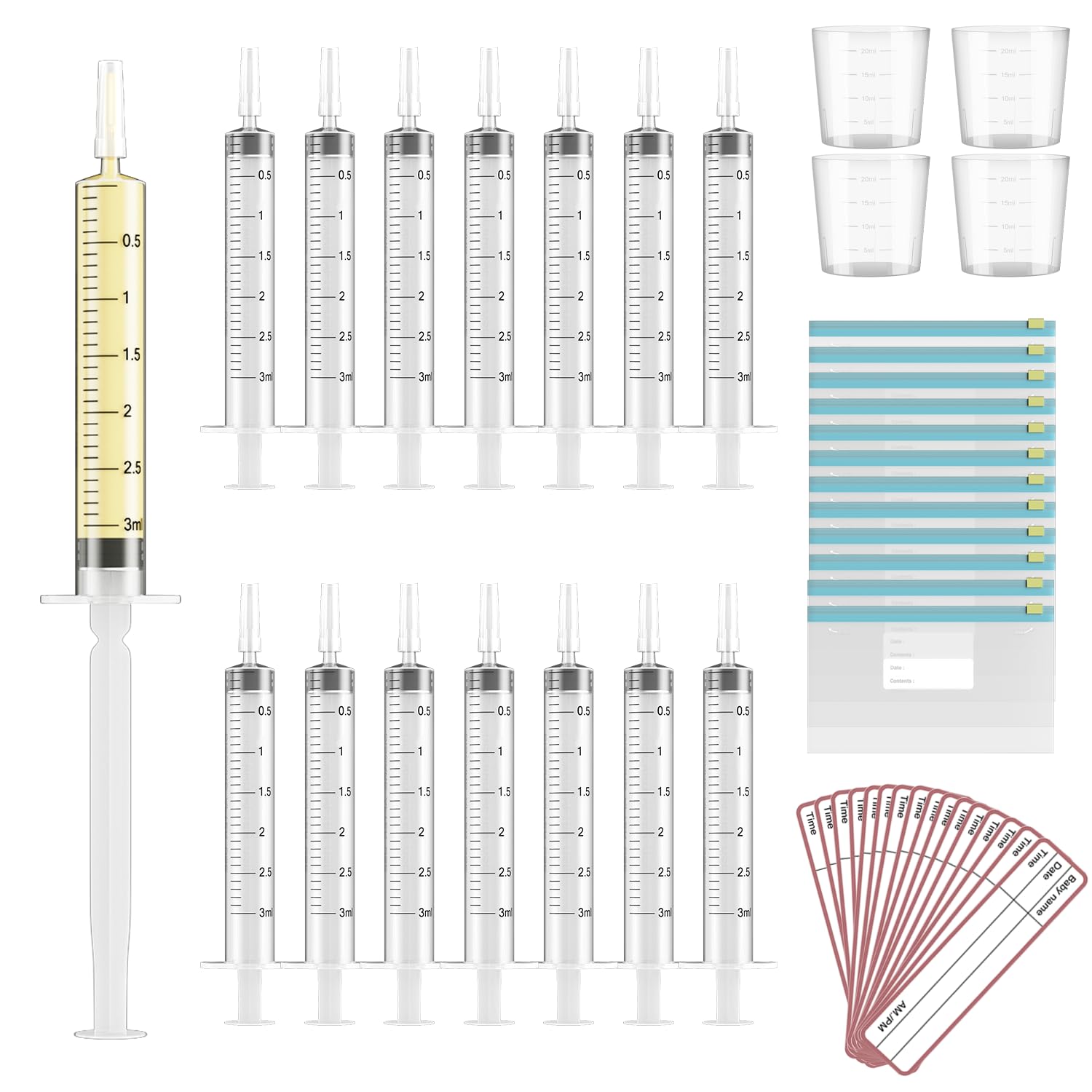 Photo 1 of 120 Sets 3ml Colostrum Collector Kit Include No Needle Colostrum Syringes with Caps 1mlx120, Stickerx120, 20ml Measuring Cupx4, Ziplock Storage Bagx12 for Breastmilk Collector