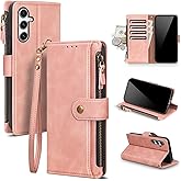 Scutumate Compatible with Samsung Galaxy S23 FE 5G Wallet Case with Card Holder RFID Blocking Zipper Poket PU Leather Phone Case Flip Protective Cover Wrist Strap Credit Card Slots Men Women,Pink
