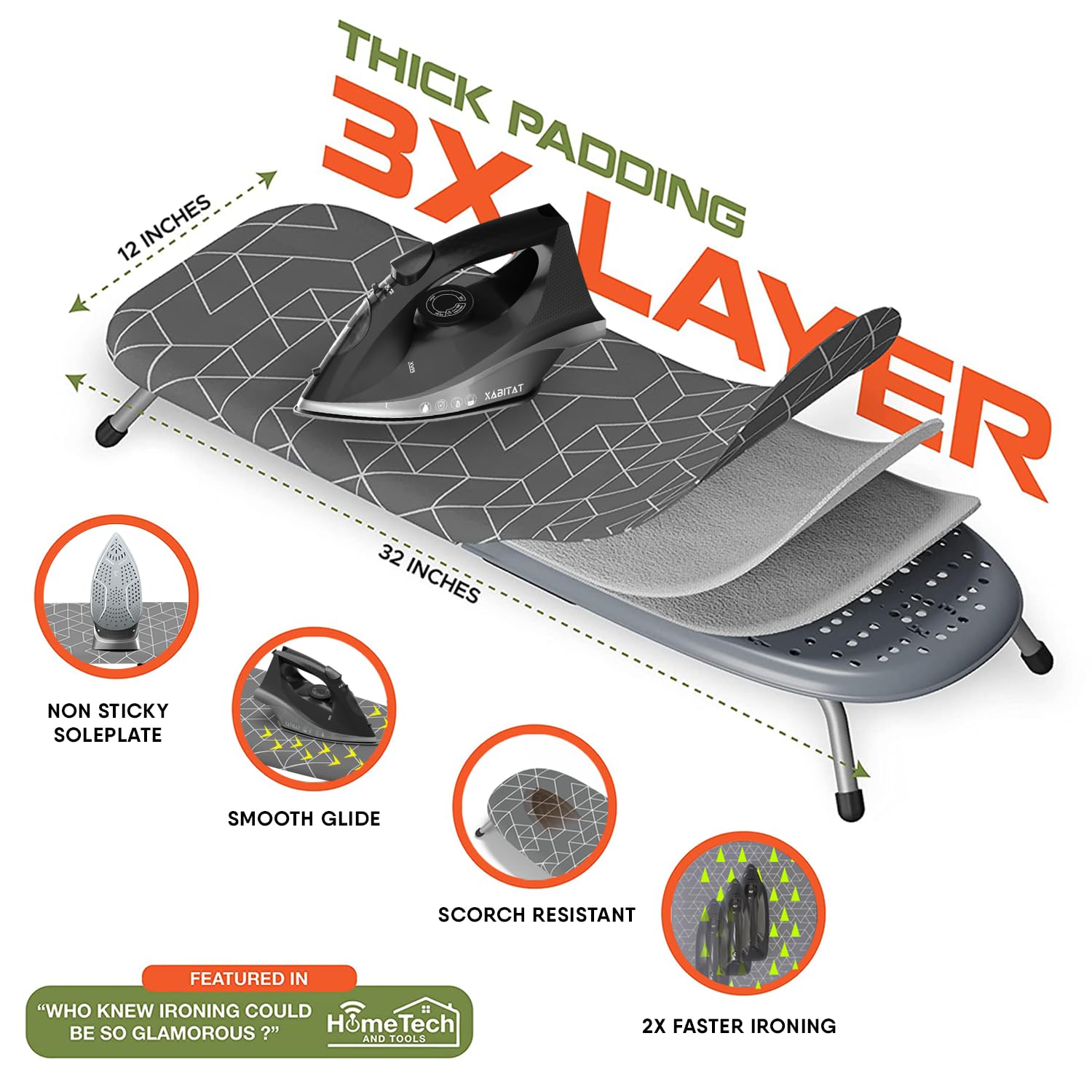 XABITAT Iron and Ironing Board Set | Foldable Table Top Ironing Board W/Steam Iron | Portable Space Saving Combo for Mini Laundry Room | 1500W Steam Iron | Anti Drip | Thermal Protection Technology