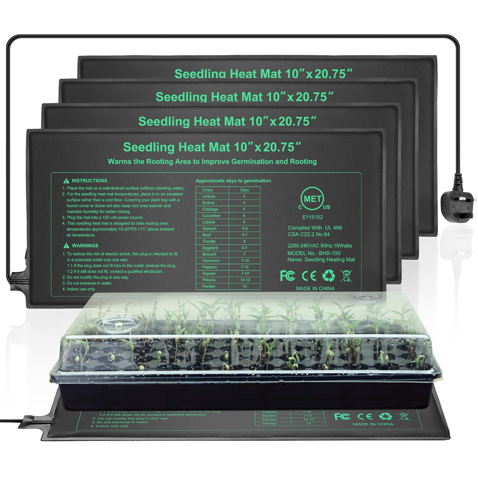 HYDGOOHO Seedling Heat Mat 4 Pack,Waterproof Heat Mat for Seed Starting,10 x 20.75in Plant Heating Mats for Seedling Germination,Hydroponic Reptile