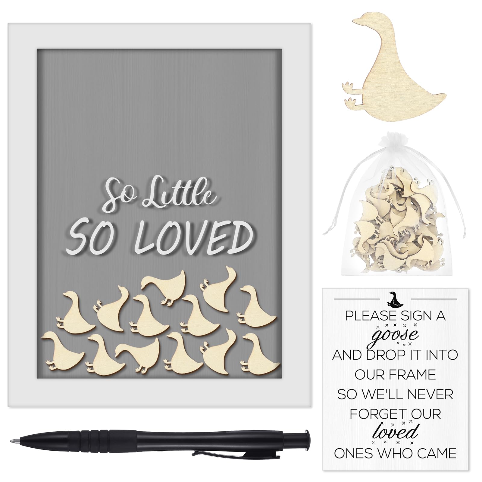 Photo 1 of Chunful So Little So Loved Wooden Goose Token Frame, 1 Goose Baby Shower Frame Guestbook, Gender-Neutral Pregnancy Keepsake with 65 Signature Tokens and Pen, Gray and White