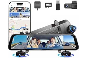 GLORYES 2025 12'' Mirror Dash Cam 4 Channel, 360 Vital Dashcam Front Rear Inside, 1080Px4 Rear View Backup Mirror Camera for Cars, IR Night Vision,WiFi,APP,GPS, 24/7 Recording Parking Monitor,Free 128GB SD