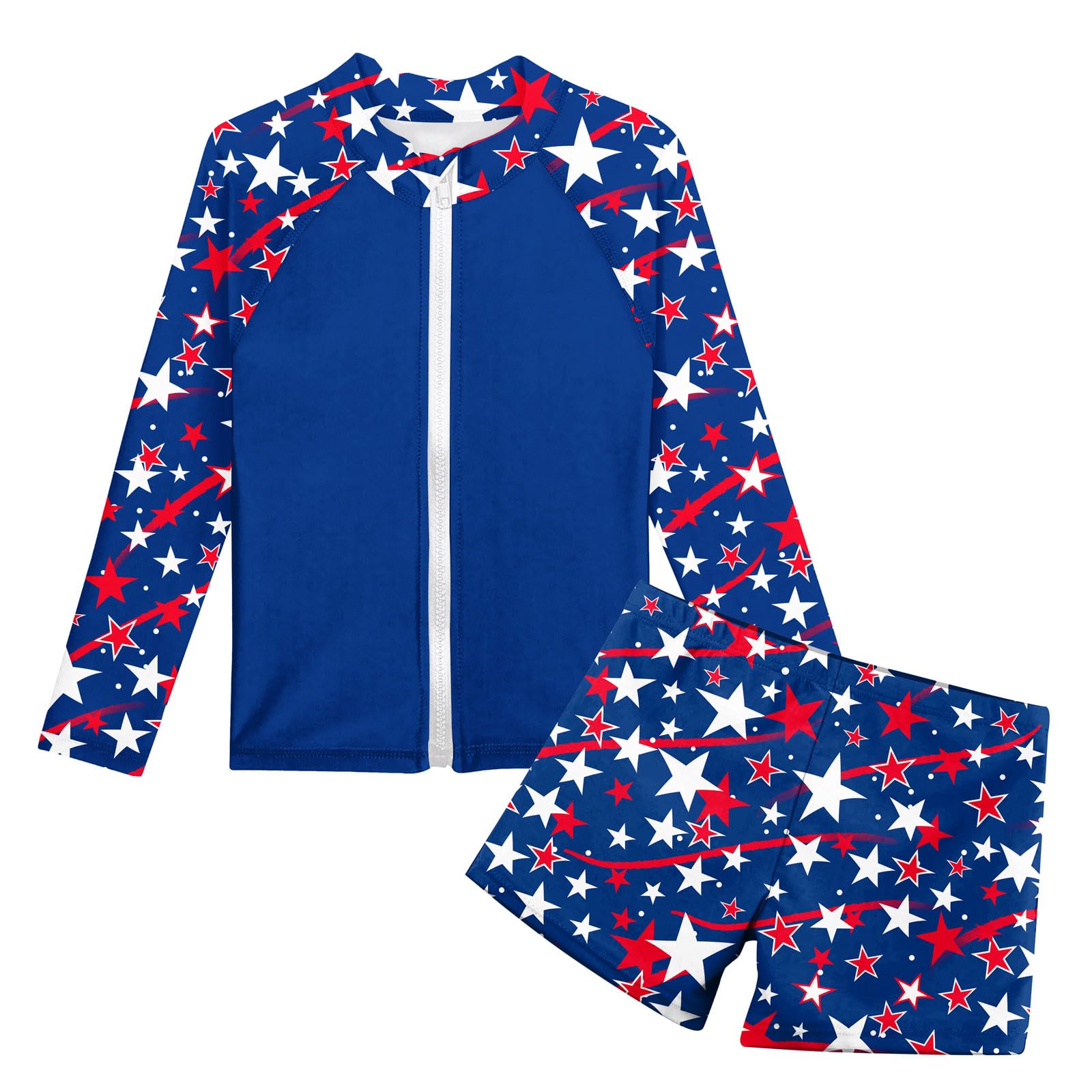 Photo 1 of ***(HEAVILY USED/ MINOR DAMAGE/ SEE NOTES)***Boys Patriotic Swimsuits Size 8-9 4th of July Rash Guard Long Sleeve Zipper Swim Sets 2 Piece Bathing Suits with Trunk