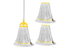 VOUBIEN Commercial Industrial Mop Heavy Duty with 3 Replacement Head,Looped-End String Wet Mops with Long Handle for Floor Cleaning, Cotton Mop for Home Garage Office Workshop Warehouse Concrete Floor
