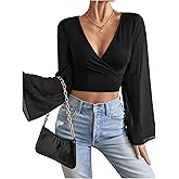SOLY HUX Women's Mesh Crop Top Elegant Wrap V Neck Bell Sleeve Going Out T Shirts