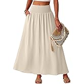 Lepunuo Maxi Skirts for Women Smocked Elastic High Waisted Casual Boho Swing Pleated Beach Long Skirts with Pockets