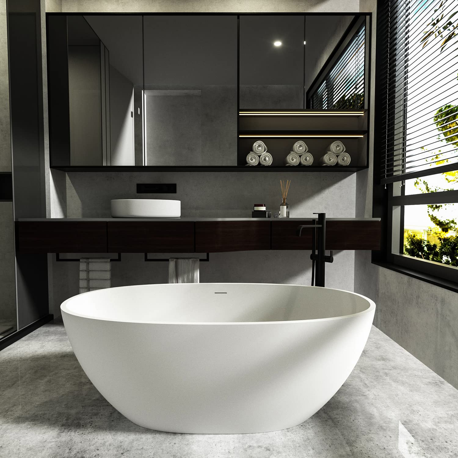 Cpingao 67" Freestanding Bathtub, Oval Shaped Stone Resin Freestanding Tubs, Solid Surface Matte