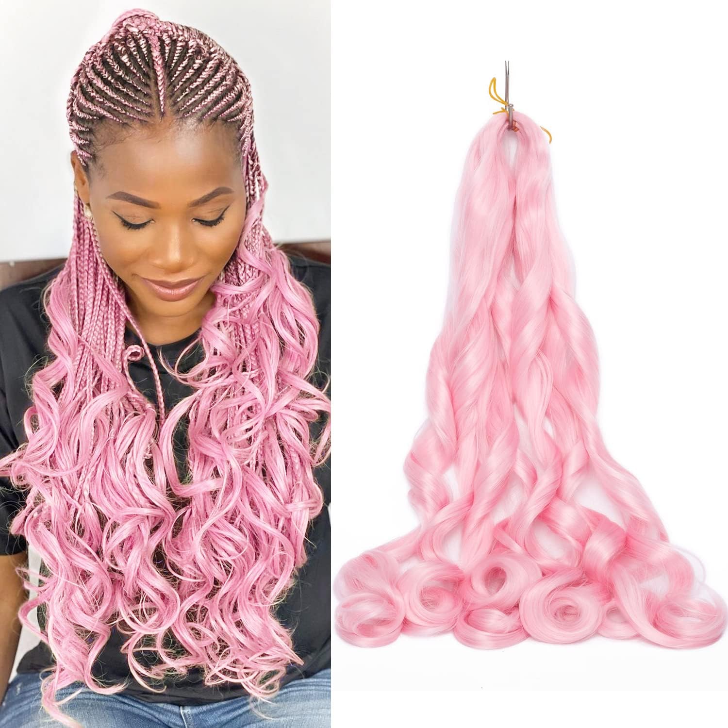 Photo 1 of 4 Packs French Curly Braiding Hair 24 Inch Loose Wave Spiral Crochet Hair for Black Women Pre-Stretched With Curly Ends, Pink