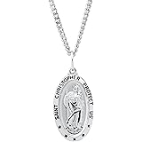 Amazon Collection Oval Saint Christopher Medal Necklace with Rhodium Plated Stainless Steel Chain, 20"