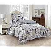 Brilliant Sunshine Blue Toile in Beige and Ivory Patches, 2-Piece Quilt Set with 1 Sham, Reversible Bedspread, Soft Lightweight Coverlet, All-Season, Twin, Blue