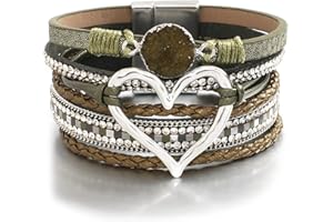 hotoo Leather Wrap Bracelet for Women Beaded Cuff Bracelet with Heart-shape Decor Bohemian Crystal Bracelet Jewelry with Clasp Bangle Bracelet for Women Girls Birthday Holiday Gift