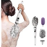 Electric Body Brush Back Scrubber for Shower, Electric Body Brush with Long Handle, Waterproof Rechargeable Bath Brush Body Scrubber with 3 Brush Heads & 2 Speeds for Cleansing and Exfoliating Skin