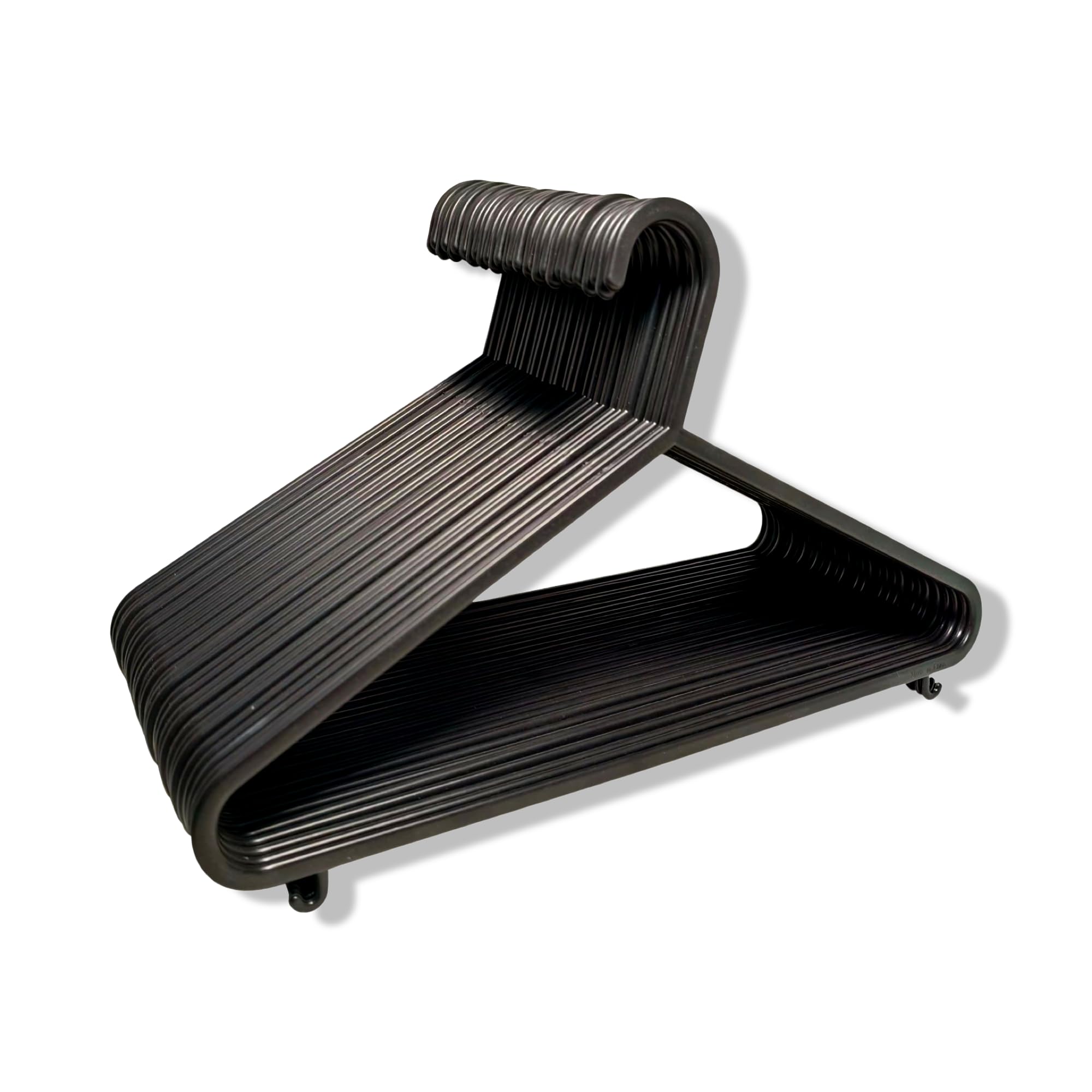 REQUISITE NEEDS Standard Coat Hangers Black Colour Strong Plastic Adult Clothes with Suit Trouser Bar and Lips 37.5cm Wide (Pack of 100)