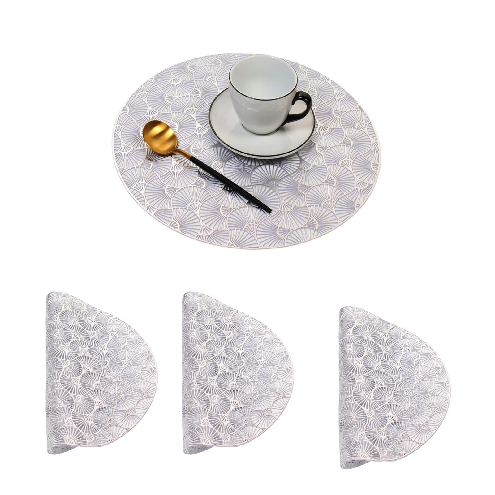 Hosoncovy 4 Pack PVC Placemats Round Hollow Placemats Waterproof Oilproof Table Placemats Set of 4 Decorative Placemats for Home Table Wedding Party (Silver)