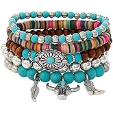 Western Bracelet for Women,Bohemian Cowgirl Turquoise Beaded Stretch Bracelets,Vintage Stackable Bull Head Cowboy Boots Feather Bracelets Set,Country Ethnic Western Jewelry Accessories for Women Men
