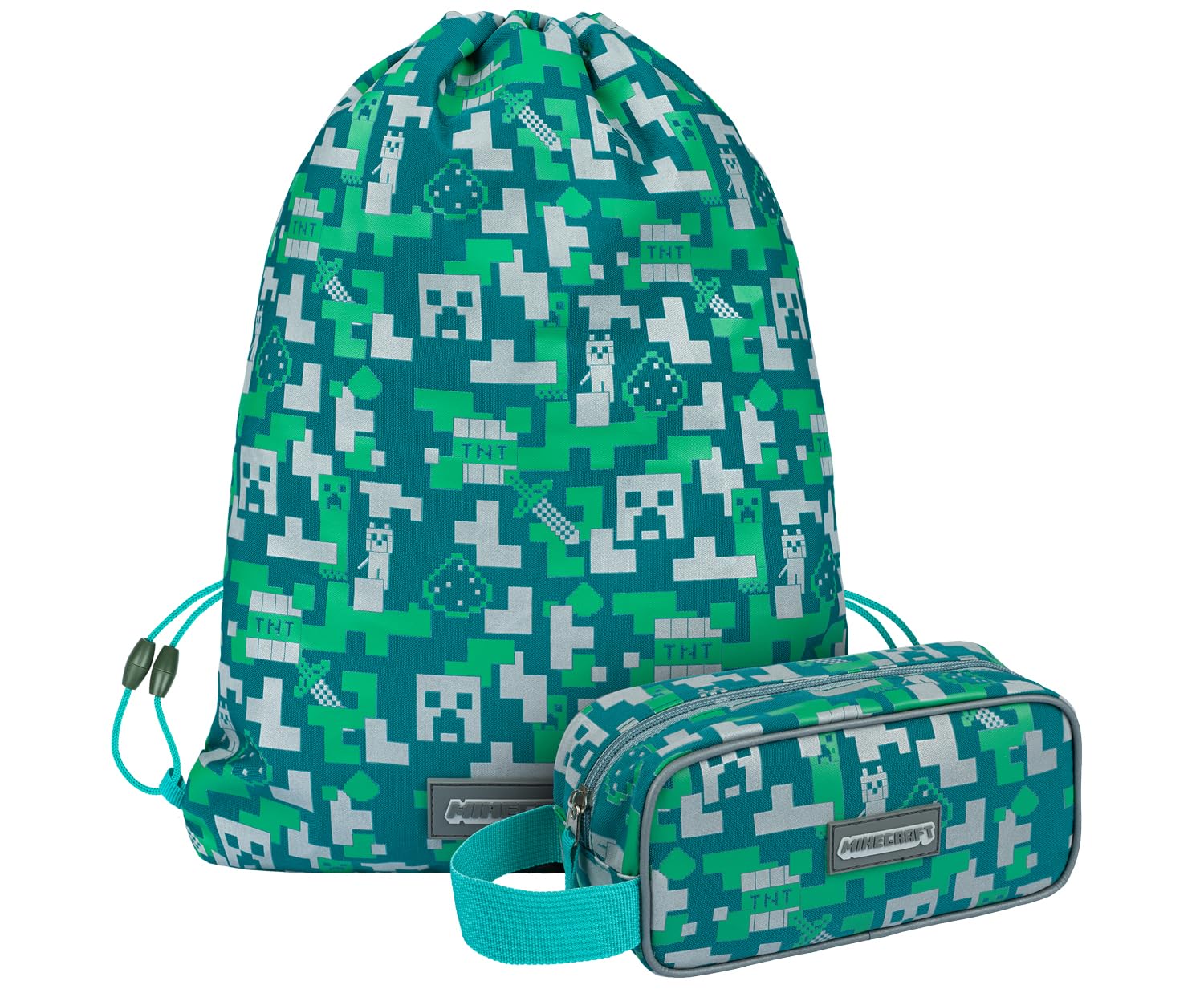Baagl Minecraft Pencil Case and Gym Bag Set 2 Pieces for Boys and Girls, School Pencil Case, Gym Bag, Pencil Case, Shoe Bag, Pencil Case for Teenagers, Children Case, Silver Creeper, 20 x 7 x 9 cm