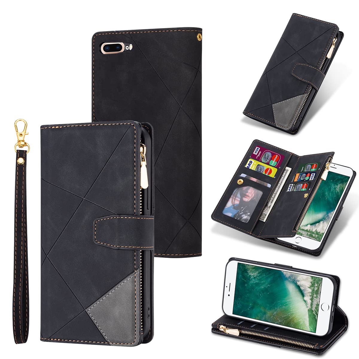 UEEBAI Wallet Case for iPhone 7 Plus iPhone 8 Plus, Vintage Premium PU Leather Cover Flip Case with Card Slots Magnetic Closure Zipper Pocket Kickstand Handbag with Hand Strap - Splice Black