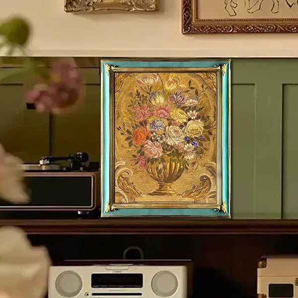 JINHUANG 8X10 INCH VINTAGE PICTURE FRAME, ELEGANT ANTIQUE PHOTO FRAME WITH GLASS FRONT, ANTIQUE ORNATE PHOTO FRAME DESKTOP AND WALL HANGING OLD FASHIONED STYLE (GOLD & GREEN)