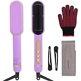 Negative Ionic Hair Straightener Brush with 9 Temp Settings, 30s Fast Heating Hair Straightening Comb with LED Display, Anti-Scald & Auto-Shut Off Hair Brush Straightener for Women (Purple)